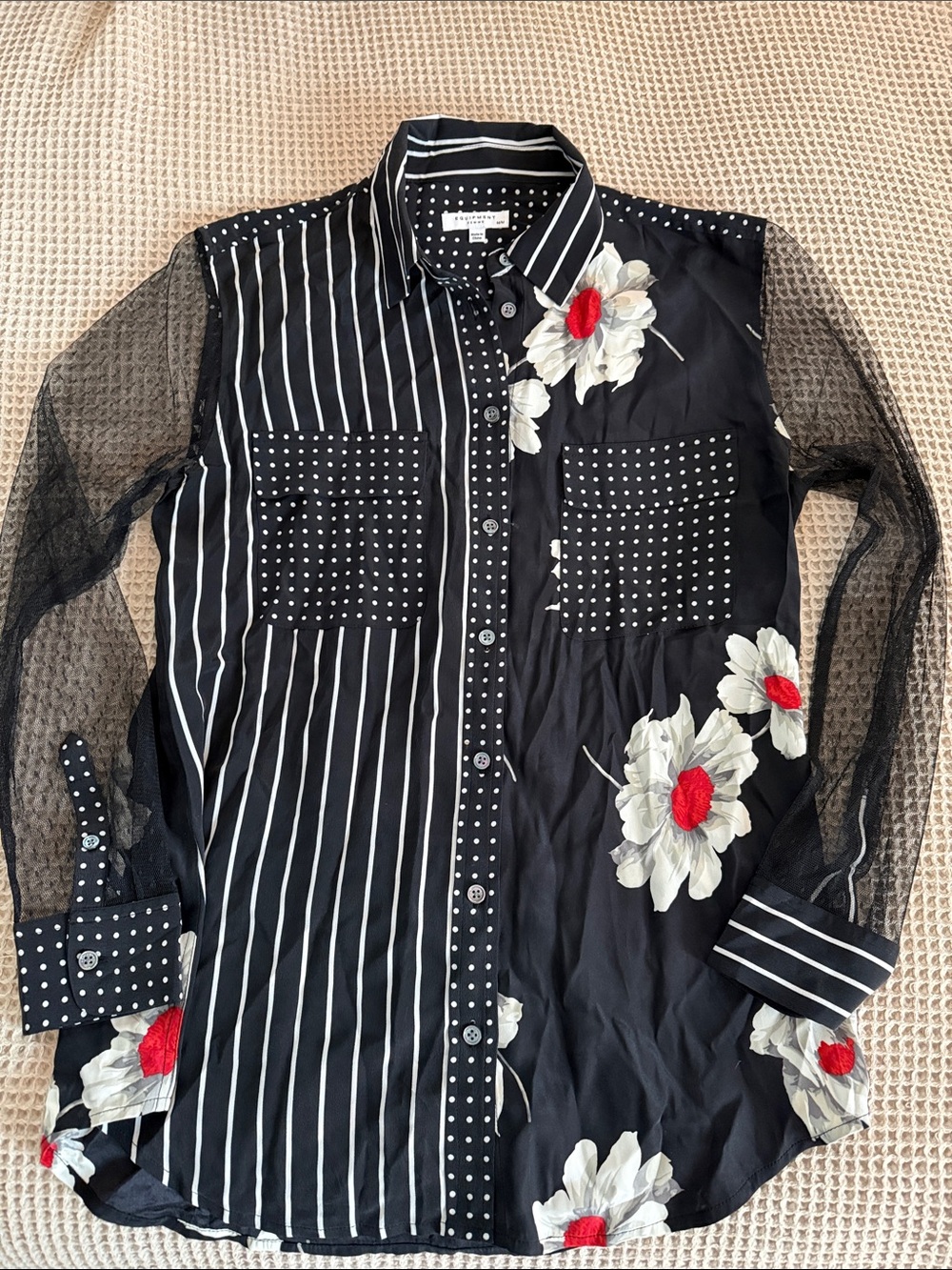 Equipment Black Stripe & Floral Button-Down Shirt with Mesh Sleeves